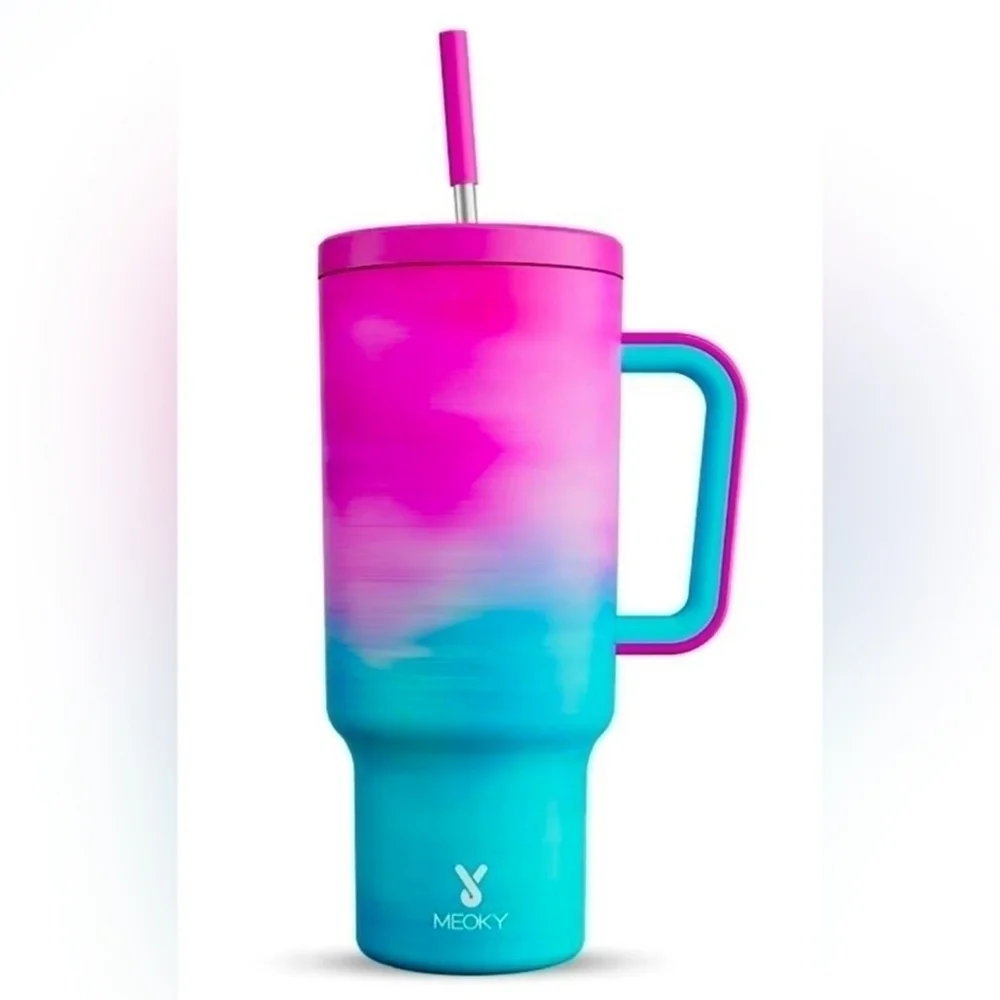 Meoky 40oz Tumbler with Handle & Straw Hot Pink & Blue Stainless Steel